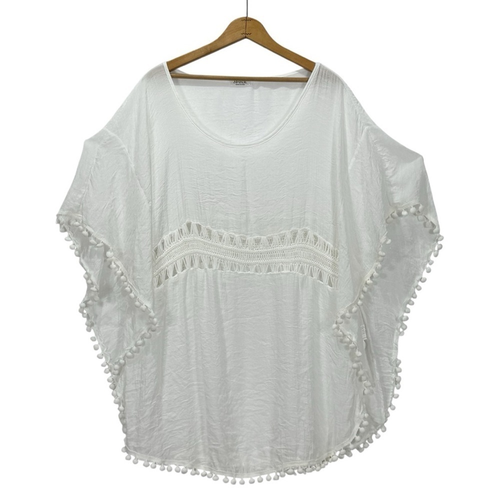 AIMAGE White swim / Beach cover-up is with Pom Pom Trim size Large